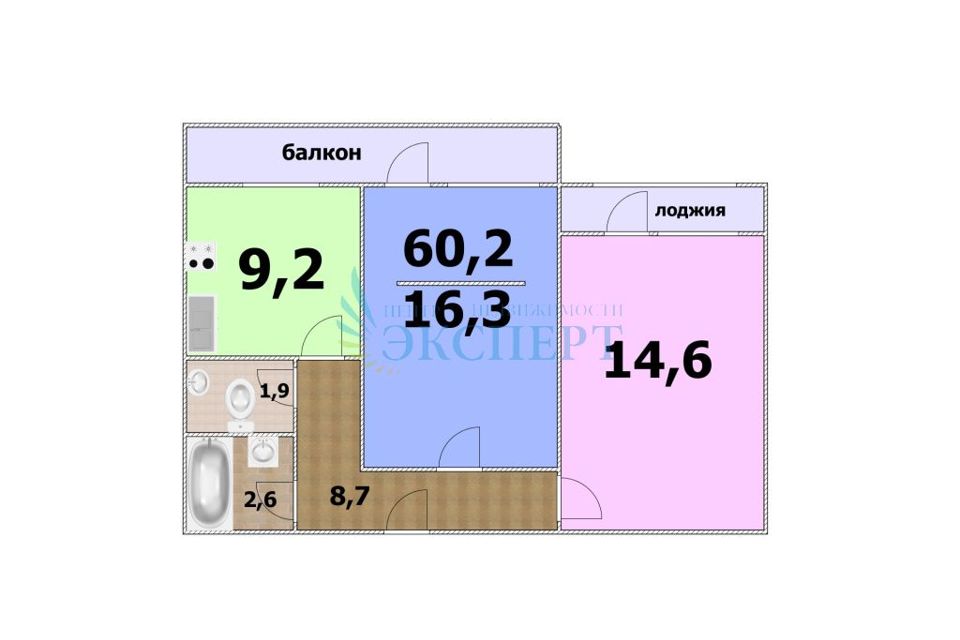 Продаётся 2-комнатная квартира, 60.2 м²