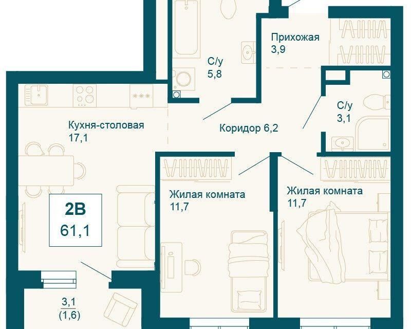 Продаётся 2-комнатная квартира, 61.1 м²