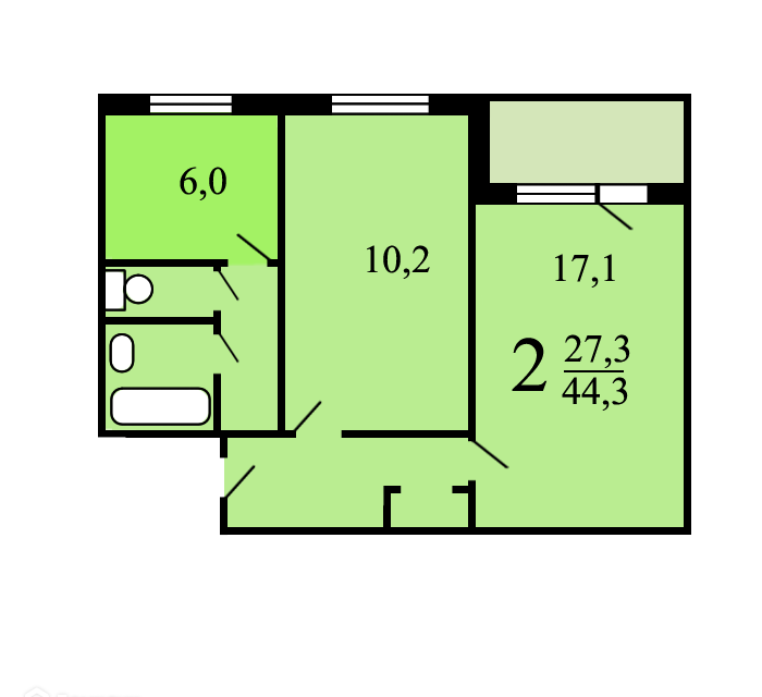 Продаётся 2-комнатная квартира, 52.4 м²
