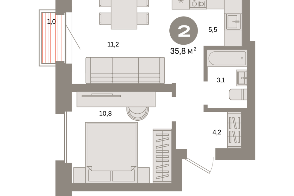 Продаётся 1-комнатная квартира, 35.8 м²