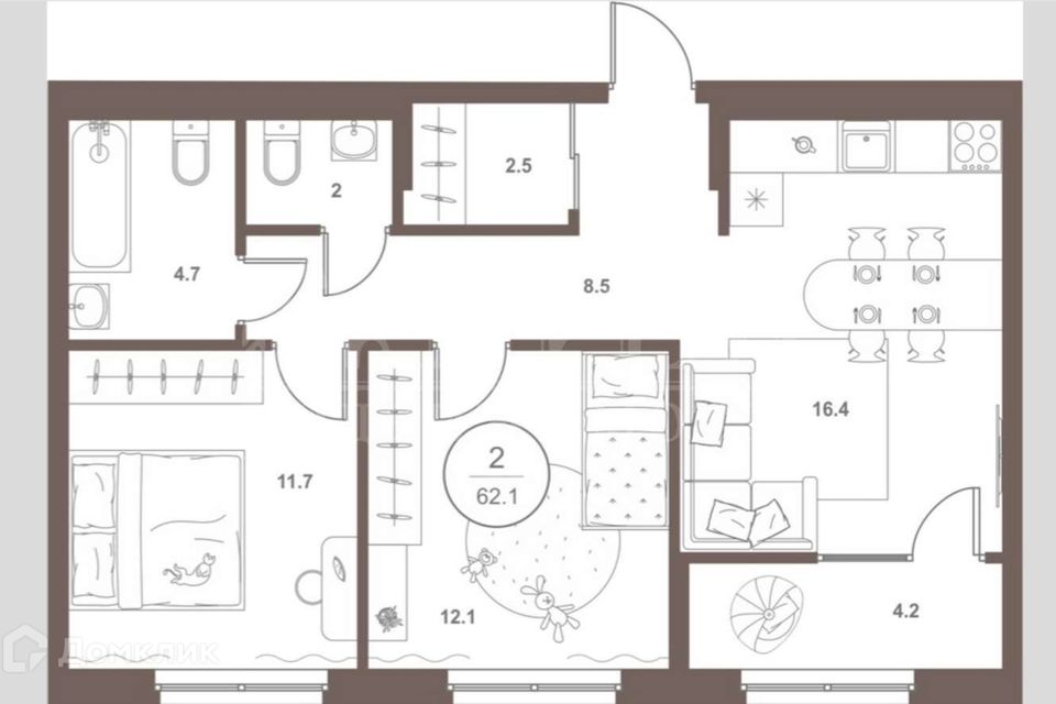 Продаётся 2-комнатная квартира, 62.1 м²