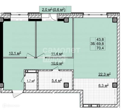 Продаётся 3-комнатная квартира, 69.8 м²