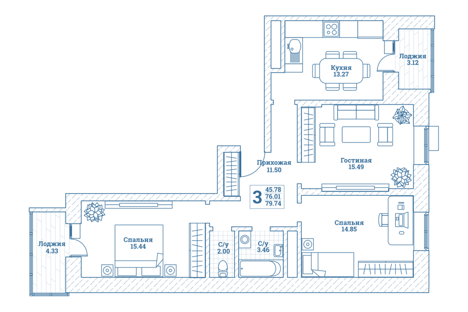 Продаётся 3-комнатная квартира, 80.6 м²