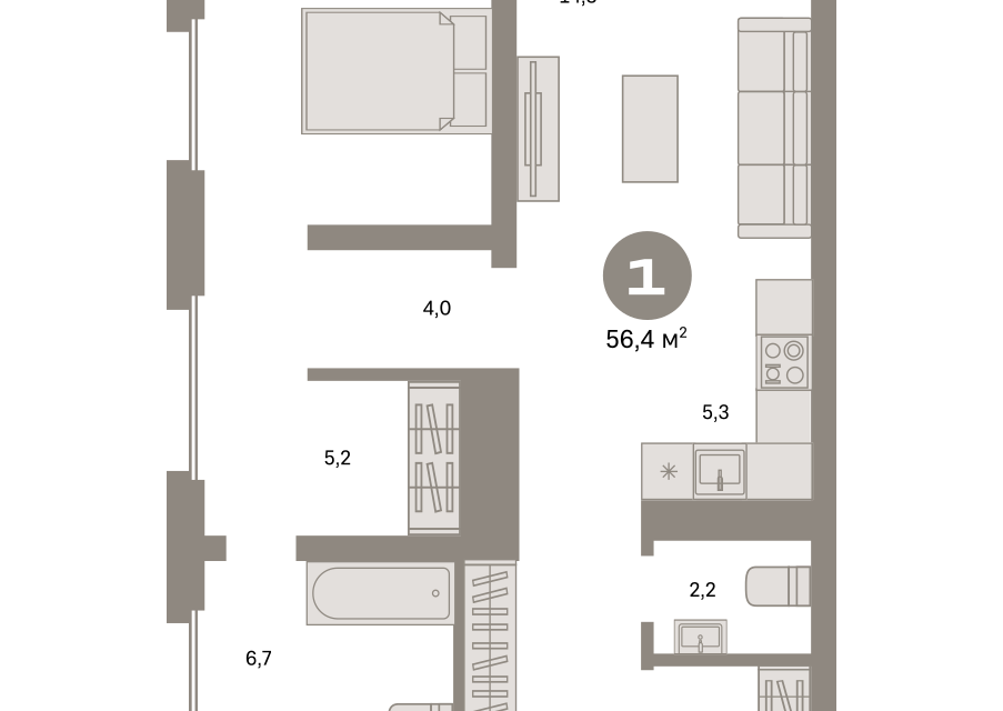 Продаётся 1-комнатная квартира, 56.4 м²