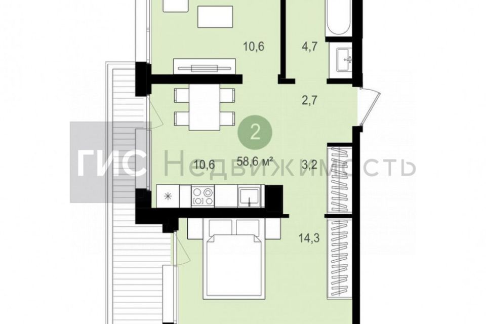 Продаётся 2-комнатная квартира, 58.56 м²