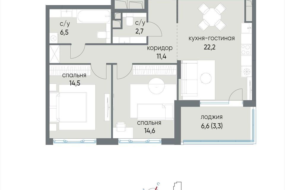 Продаётся 2-комнатная квартира, 75.8 м²