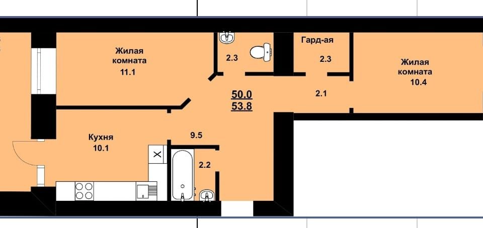 Продаётся 2-комнатная квартира, 53.8 м²