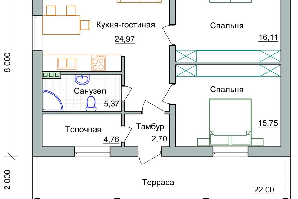 План дома 2 комнаты и кухня гостиная