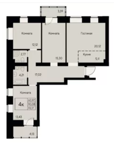 Продаётся 3-комнатная квартира, 93.17 м²