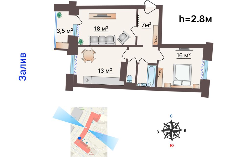 Продаётся 2-комнатная квартира, 64 м²