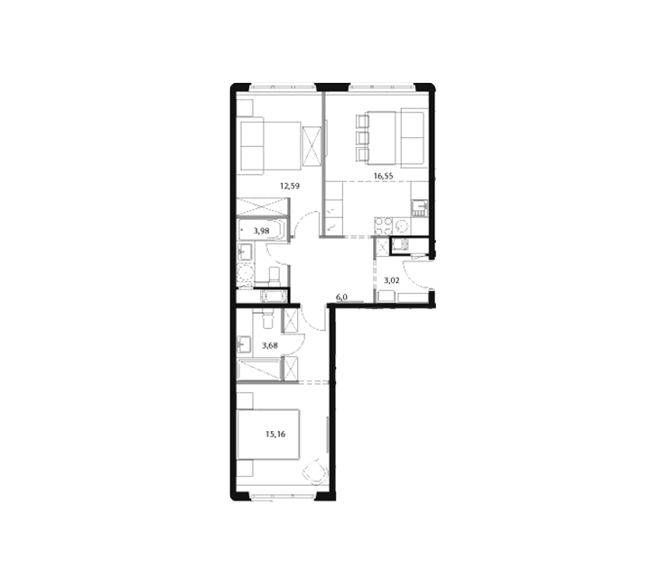 Продаётся 2-комнатная квартира, 60.98 м²