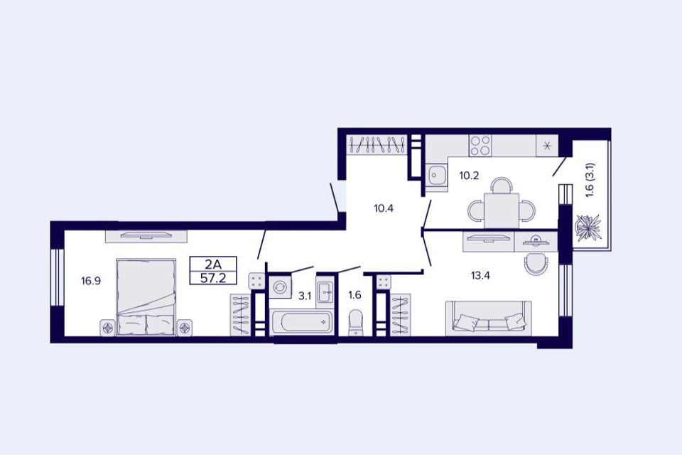 Продаётся 2-комнатная квартира, 56.9 м²