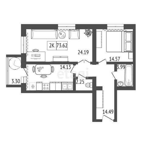 Продаётся 2-комнатная квартира, 74.5 м²