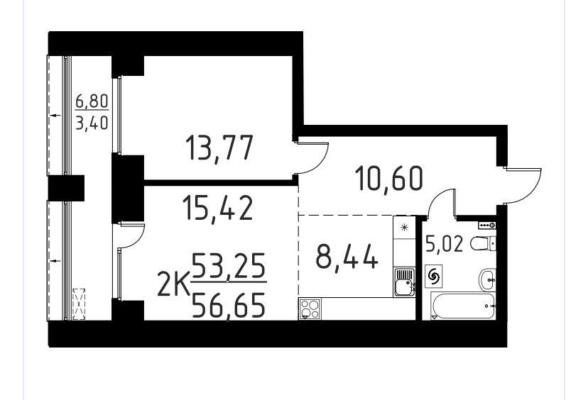 Продаётся 2-комнатная квартира, 56.65 м²