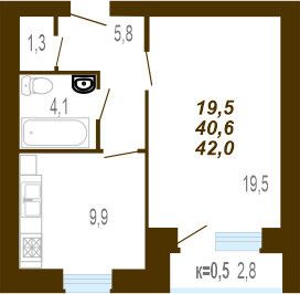 Продаётся 1-комнатная квартира, 42 м²