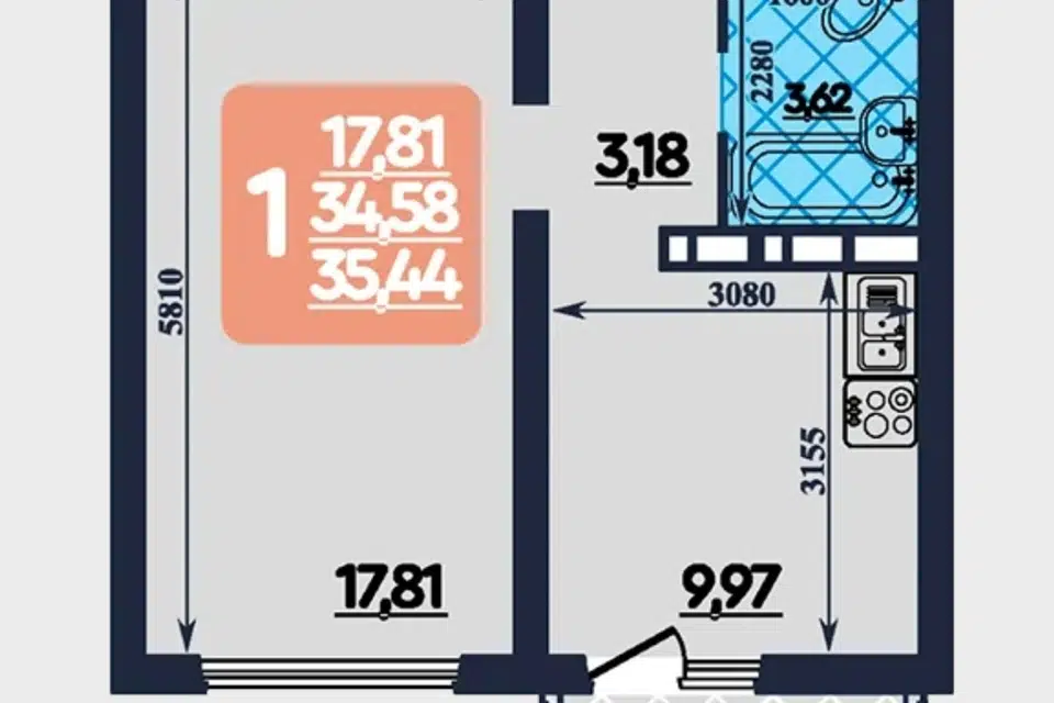Продаётся 1-комнатная квартира, 35.44 м²