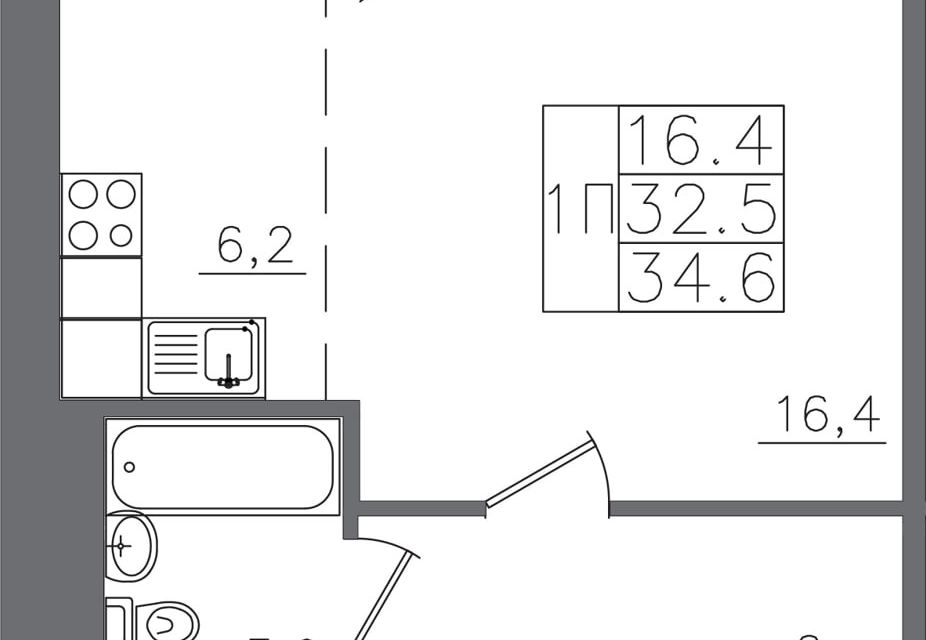 Продаётся 1-комнатная квартира, 34.6 м²