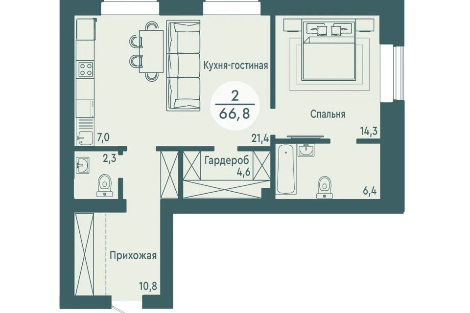 Продаётся 1-комнатная квартира, 66.8 м²