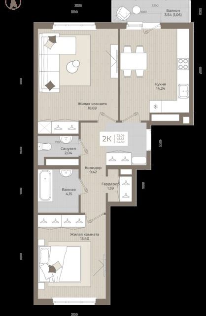 Продаётся 2-комнатная квартира, 64.5 м²