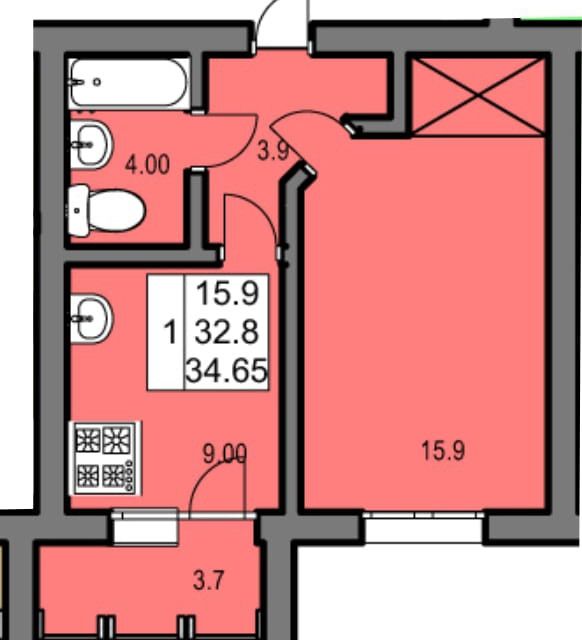Продаётся 1-комнатная квартира, 34.1 м²