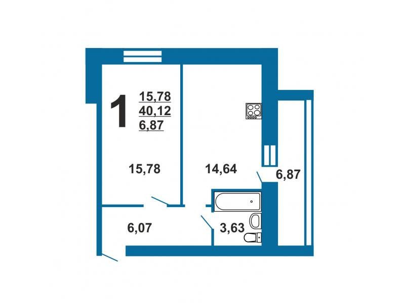 Продаётся 1-комнатная квартира, 40.8 м²