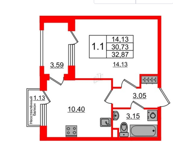 Продаётся 1-комнатная квартира, 30.73 м²