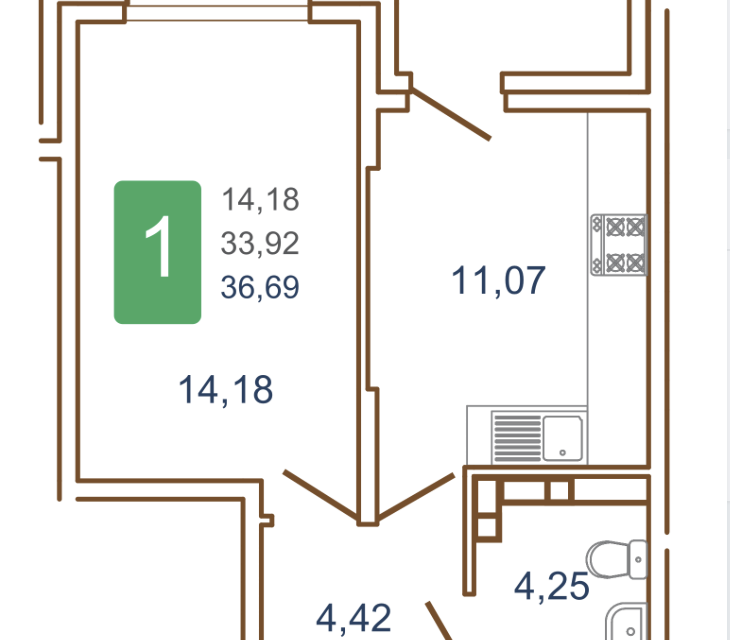 Продаётся 1-комнатная квартира, 35.95 м²