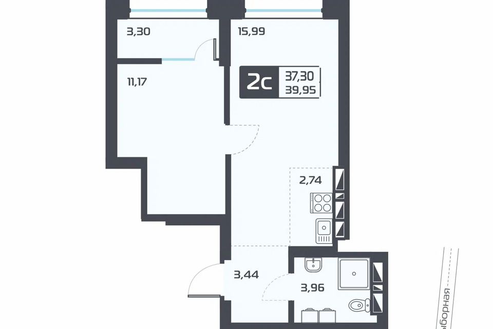 Продаётся 1-комнатная квартира, 39.95 м²