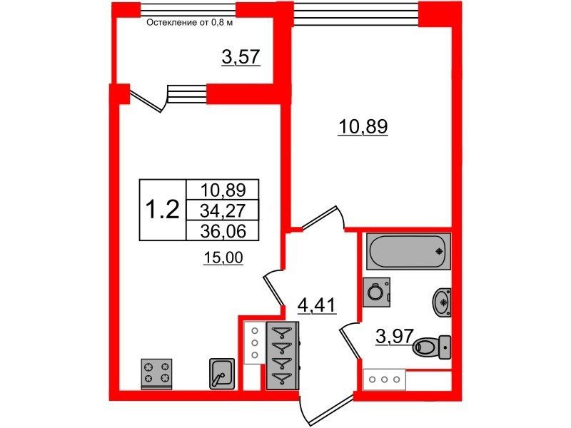 Продаётся 1-комнатная квартира, 36.06 м²