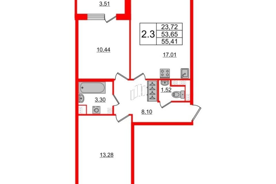 Продаётся 2-комнатная квартира, 53.65 м²