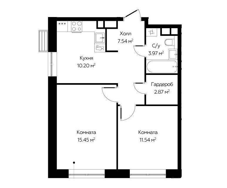 Продаётся 2-комнатная квартира, 51.57 м²