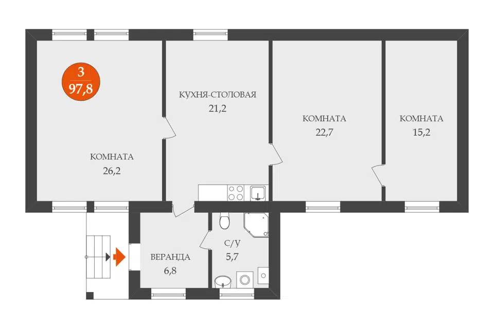 Продаётся 1-этажный дом, 97.8 м²