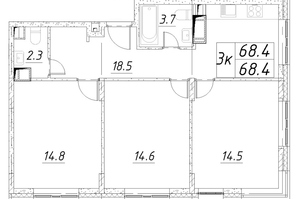 Продаётся 3-комнатная квартира, 68.4 м²