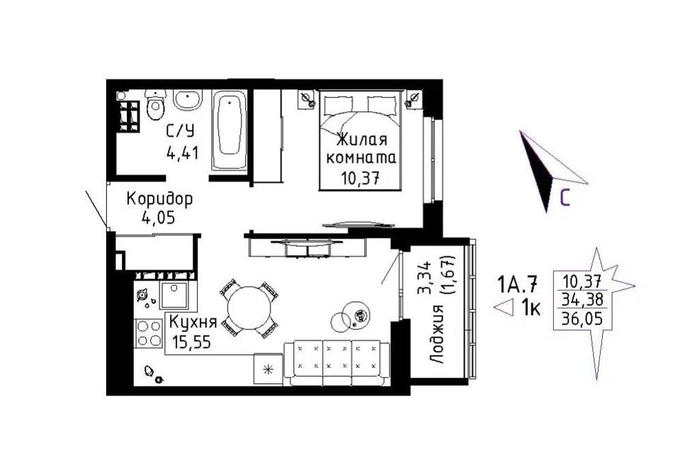 Продаётся 1-комнатная квартира, 36 м²