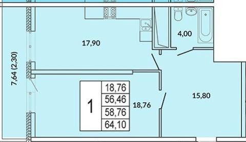 Продаётся 1-комнатная квартира, 57 м²