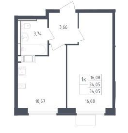 Продаётся 1-комнатная квартира, 34.05 м²