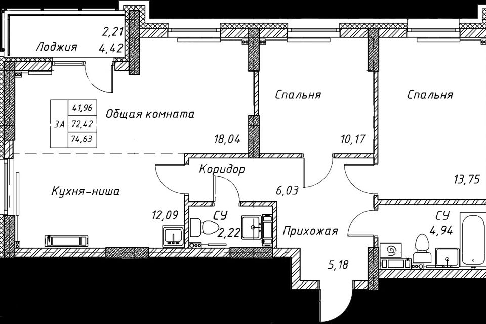Продаётся 3-комнатная квартира, 74.63 м²