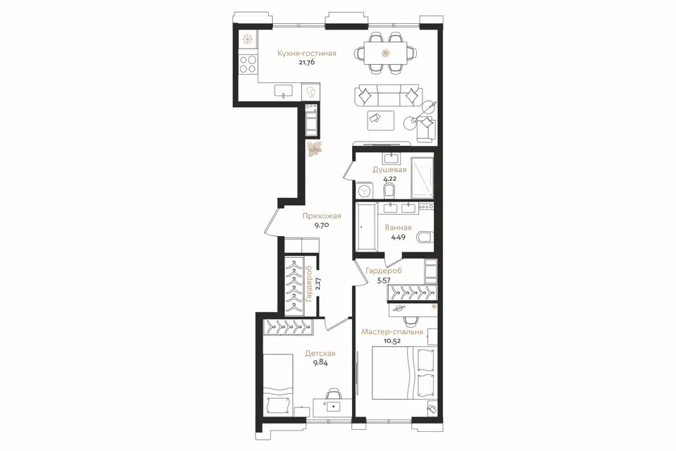 Продаётся 2-комнатная квартира, 66.37 м²
