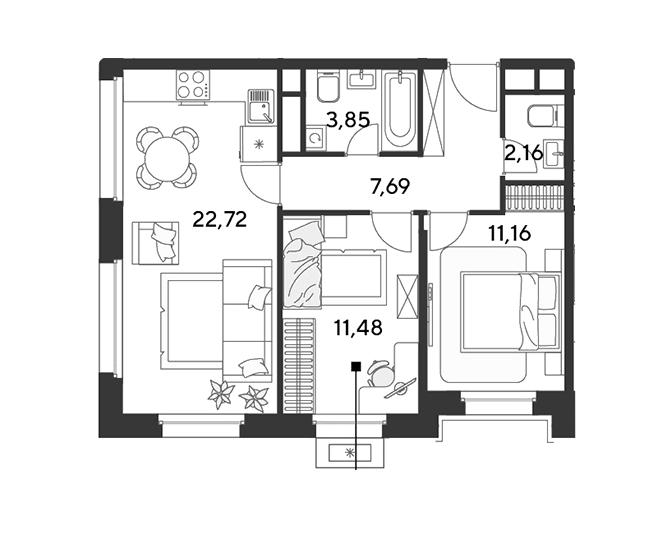 Продаётся 2-комнатная квартира, 59.06 м²