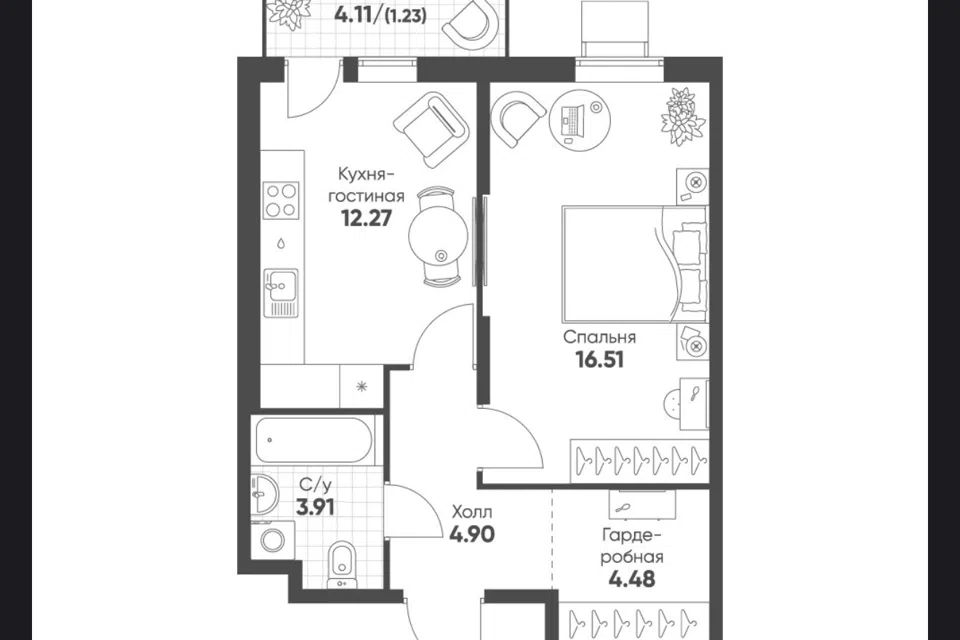 Продаётся 1-комнатная квартира, 43.3 м²