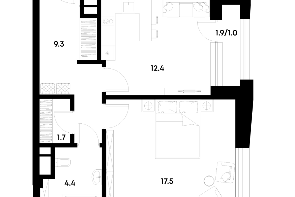 Продаётся 1-комнатная квартира, 46.3 м²