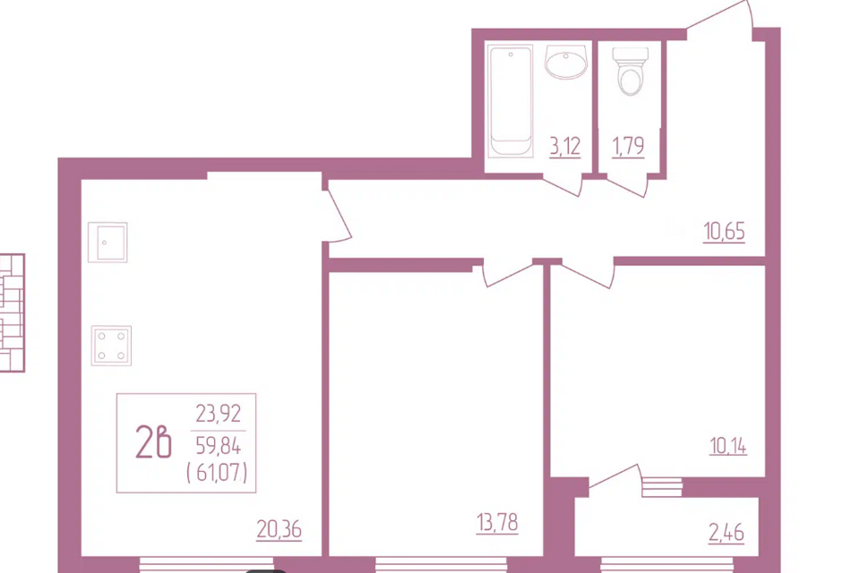 Продаётся 2-комнатная квартира, 58.6 м²