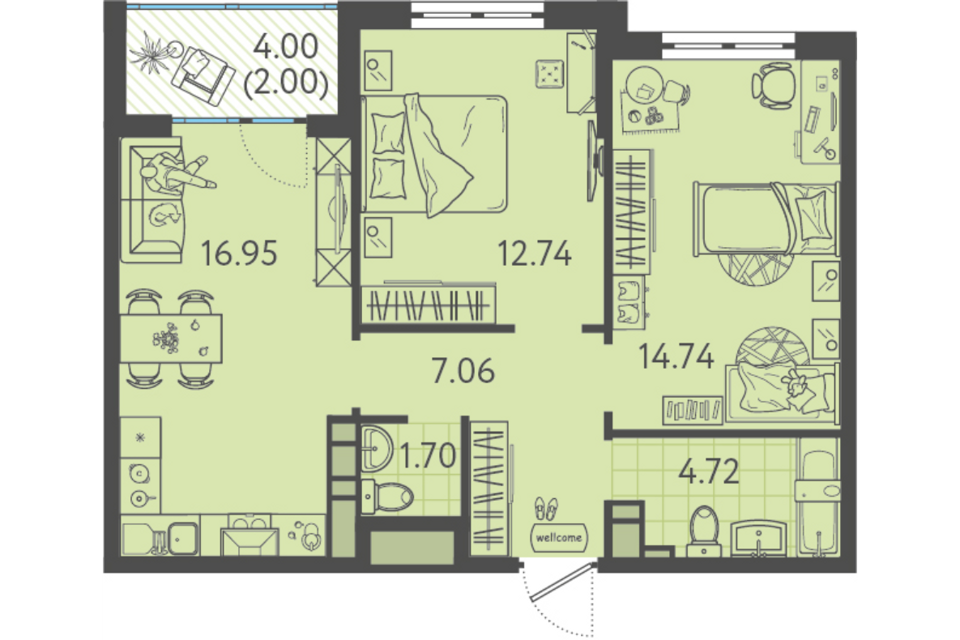 Продаётся 2-комнатная квартира, 57.3 м²