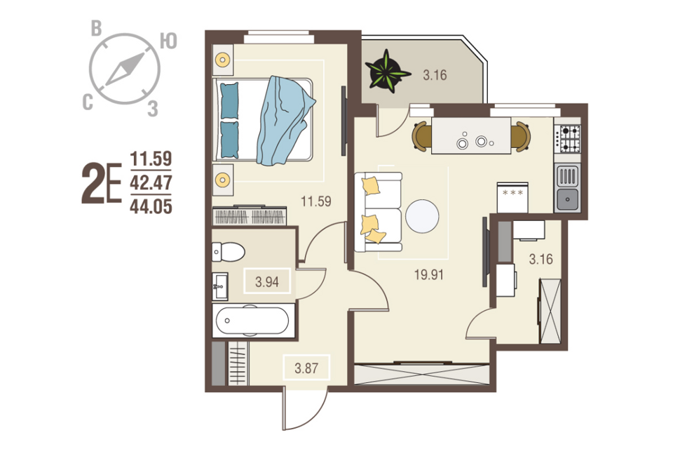 Продаётся 1-комнатная квартира, 44.05 м²