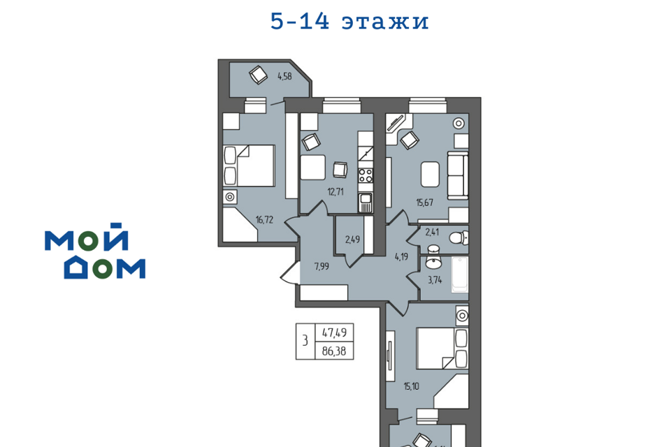 Продаётся 3-комнатная квартира, 83.2 м²