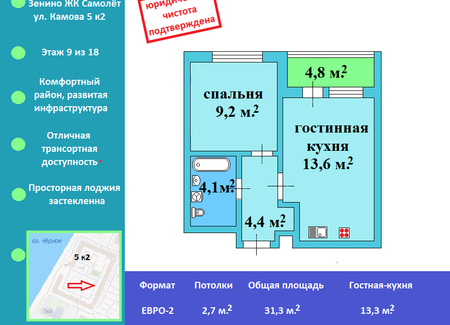 Продаётся 1-комнатная квартира, 31.1 м²