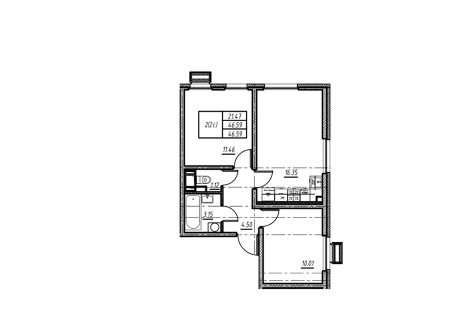 Продаётся 2-комнатная квартира, 46.59 м²