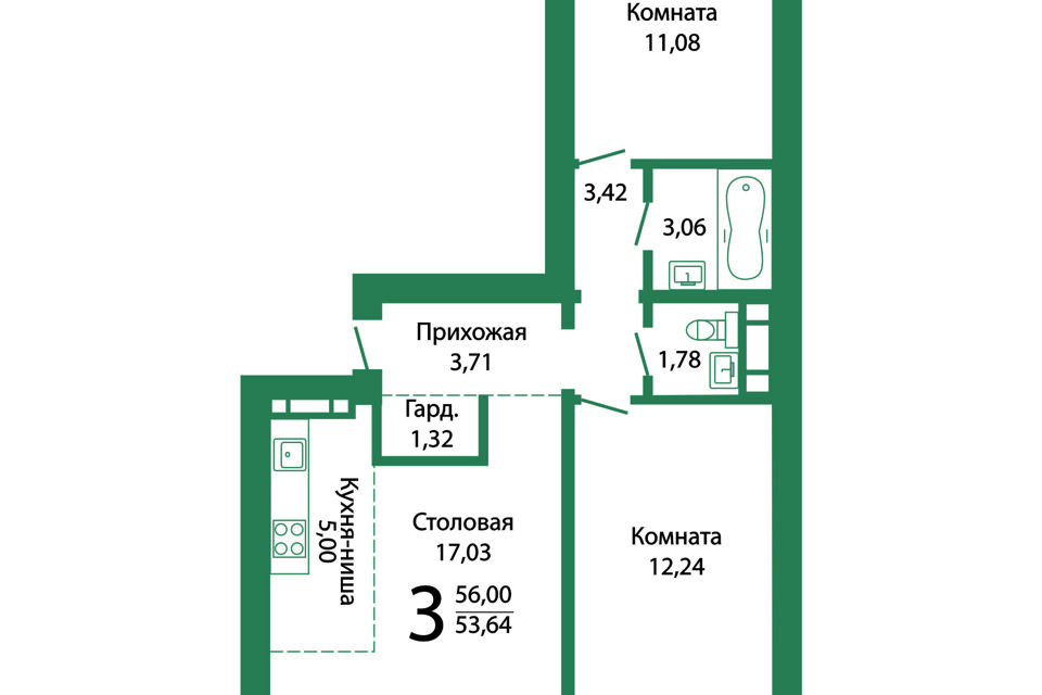 Продаётся 3-комнатная квартира, 56 м²