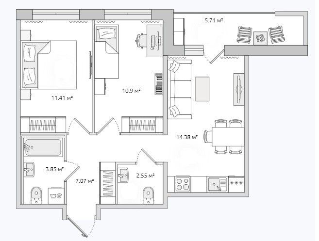Продаётся 2-комнатная квартира, 49.4 м²
