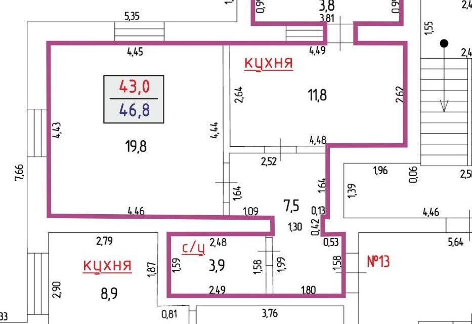 Продаётся 1-комнатная квартира, 46.8 м²